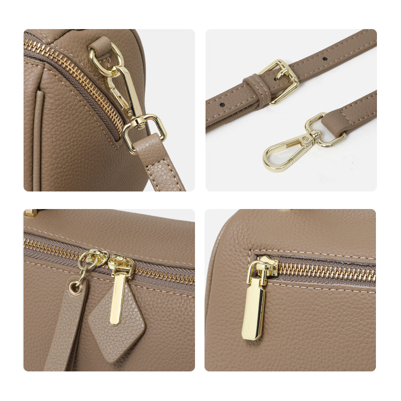 Genuine Cowhide Pebbled Mini Pillow Handbag,Adjustable Detachable Crossbody Strap Double Zipper Multi Compartment Womens Two Way Carry Purse