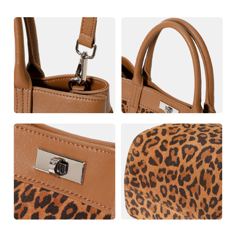 Genuine Cowhide Womens Tote Bag,Leopard Print Textured Handheld Purse,Detachable Shoulder Strap Large Capacity Commuter Handbag