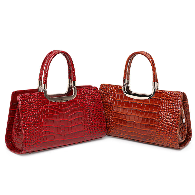Genuine Cowhide,Glossy Crocodile Grain,Rectangle Tote Bag,Women Convertible Work Bag,Hand Cross Carry,Office Business Trip