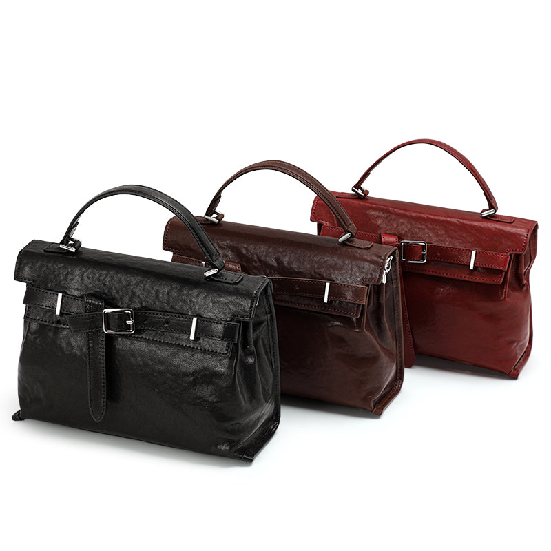 Genuine Cowhide Womens Flap Handbag,Waxed Crinkle Multi Compartment Satchel,Detachable Strap Crossbody Shoulder Bag