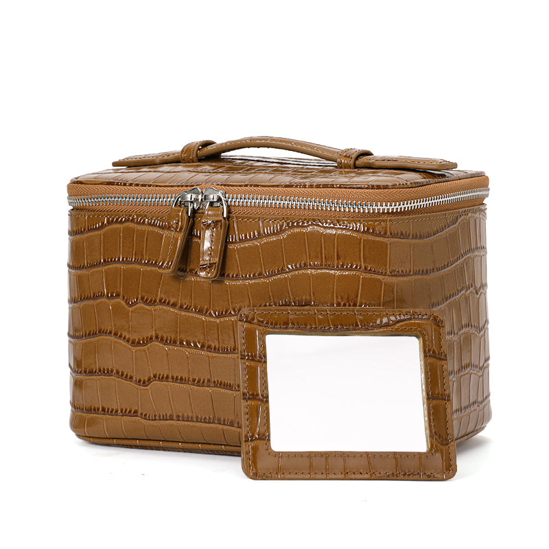 Genuine Cowhide Womens Cosmetic Case,Crocodile Embossed Structured Handheld Multi Compartment Travel Makeup Organizer