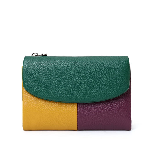 Genuine Cowhide Women's Color-block Flap Medium Coin Purse Card Holder Wallet