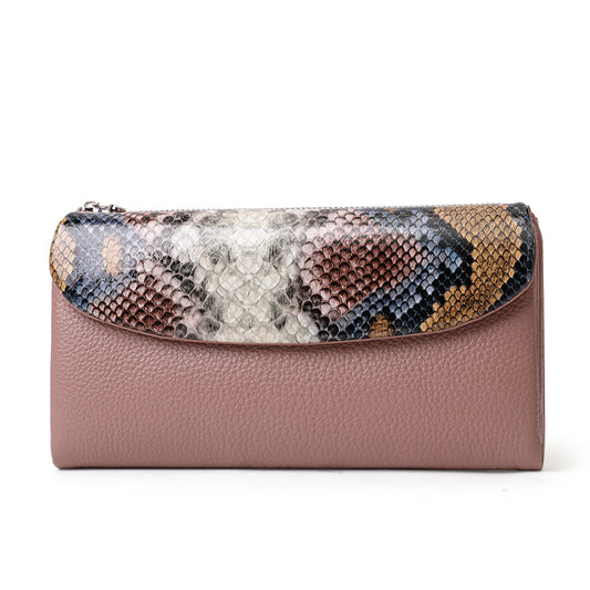 Genuine Cowhide Women's Snake Print Flap Color Block Card Holder Wallet