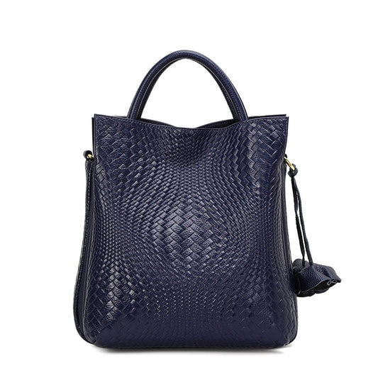 Genuine leather, large capacity, handbag with woven flower design on the armhole, detachable shoulder strap, wallet, storage bag