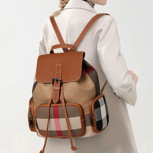 Aidrani Women's Plaid Backpack, 2026 New Style Fashion Canvas with Leather Women's Bag, Large Capacity Lightweight Travel Bag