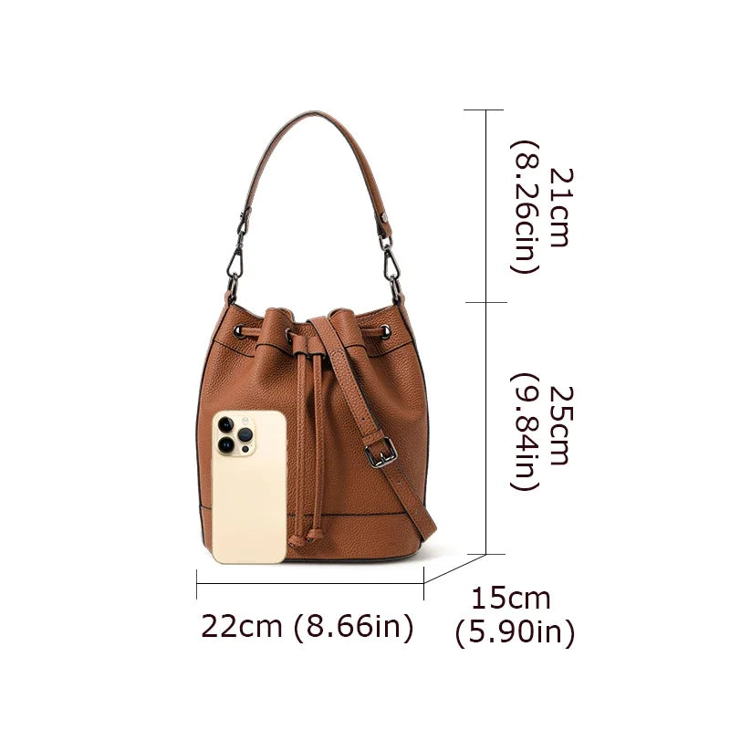 Aidrani New Style Textured Genuine Leather Bucket Bag for Women, Drawstring Closure, Color Block Fashion Shoulder Handbag