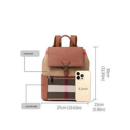 Aidrani Women's New Style Fashion Plaid Large-Capacity Casual Genuine Leather Backpack, Simple and Popular Travel Bag