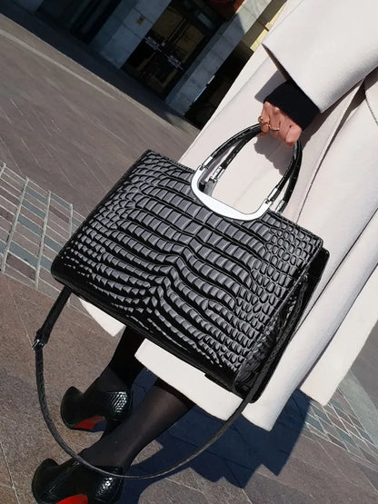 Aidrani Women Genuine Cowhide Handbag, Glossy Croc Embossed Metal Top Handle Bag, Detachable Strap Crossbody Shoulder Purse