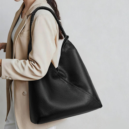Aidrani Cowhide Leather Women Hobo Bag, Braided Handle Large Capacity Tote with Pouch, Multi-Pocket Purse for Daily Travel Use