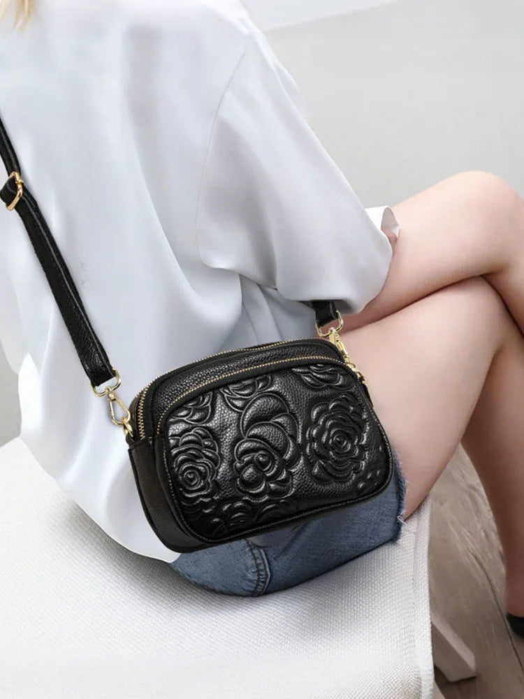 Aidrani Women's New Trendy Rose-Embossed Mom Bag - Top-Grain Leather (Genuine Leather), Double-Layer Shoulder & Crossbody Bag