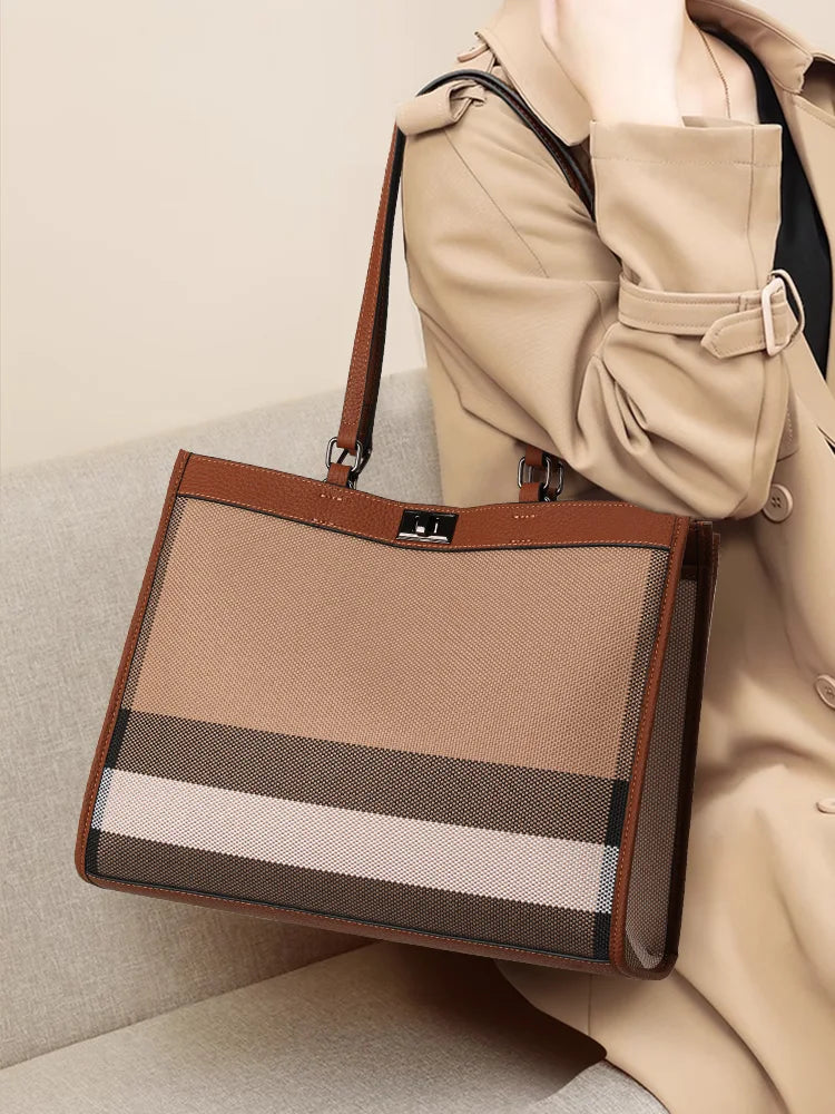 Aidrani 2026 New High-End Ladies Tote Bag, Color-Block Plaid Large-Capacity Handbag, Versatile Mommy Shoulder Bag