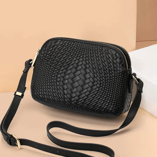 Aidrani Casual Versatile Genuine Leather Shoulder Bag for Ladies, Black Woven Cowhide Crossbody Bag, Compact Daily Handbag