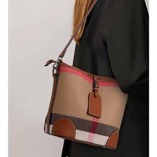 Aidrani Canvas Cowhide Spliced Bucket Bag Plaid Women Crossbody Handbag Adjustable Strap Large Pocket Daily Travel Work