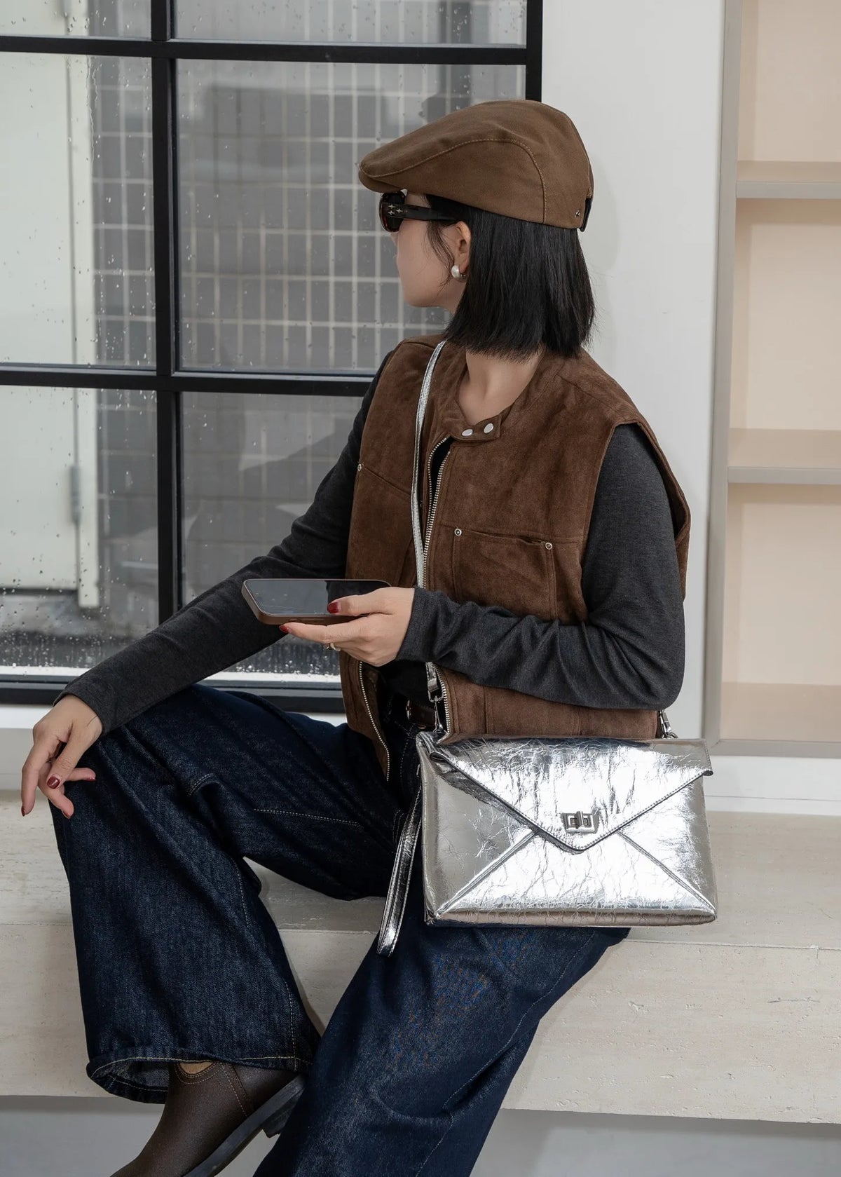 Genuine Cowhide Envelope Clutch Bag, Metal Lock Crossbody Purse,Aidrani Women Leather Handbag for Party Wedding Dinner Daily Use
