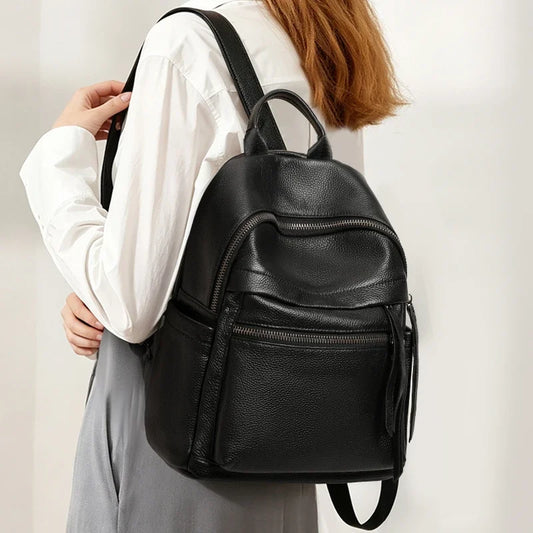 Aidrani Black Real Cowhide Backpack for Ladies, Soft Leather Multi‑Compartment Rucksack, Zipper Daypack for Travel Work Daily
