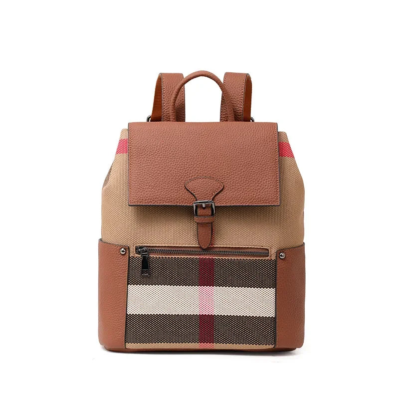 Aidrani Women's New Style Fashion Plaid Large-Capacity Casual Genuine Leather Backpack, Simple and Popular Travel Bag