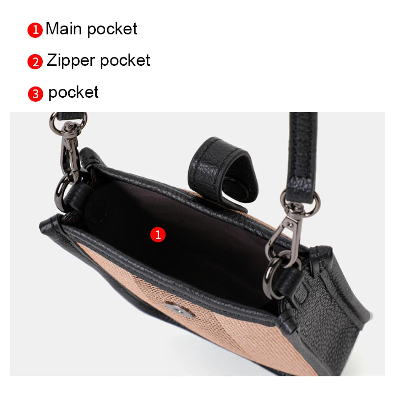 Aidrani Genuine Cowhide Women Small Sling Phone Bag, Plaid Fabric Crossbody Handbag, Lightweight Mini Shoulder Purse for Travel