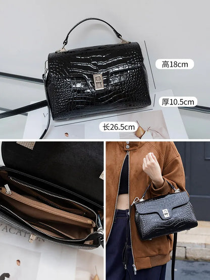 Aidrani Women Crocodile Print Handbag, Genuine Cowhide Top Handle Bag, Designer Crossbody Purse for Work Party Daily Use