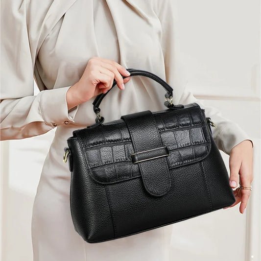 Aidrani Black Leather Handbag for Women, Croc Embossed Flap Satchel, Detachable Strap Daily Shoulder Crossbody Bag