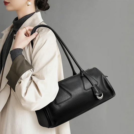 Top-Grain Leather Long-Handle Underarm Baguette Bag for Women – New Style, High-End Vibe, Large-Capacity & Single-Shoulder
