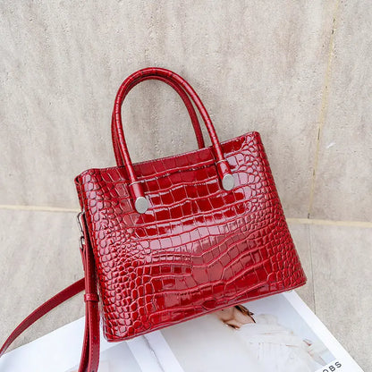 Aidrani Women Genuine Cowhide Handbag, Glossy Crocodile Embossed Top Handle Bag, Detachable Strap Crossbody Shoulder Purse