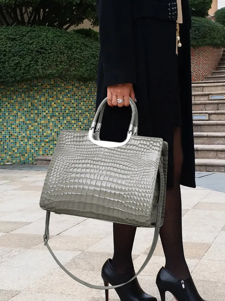 Aidrani Women Genuine Cowhide Handbag, Glossy Croc Embossed Metal Top Handle Bag, Detachable Strap Crossbody Shoulder Purse