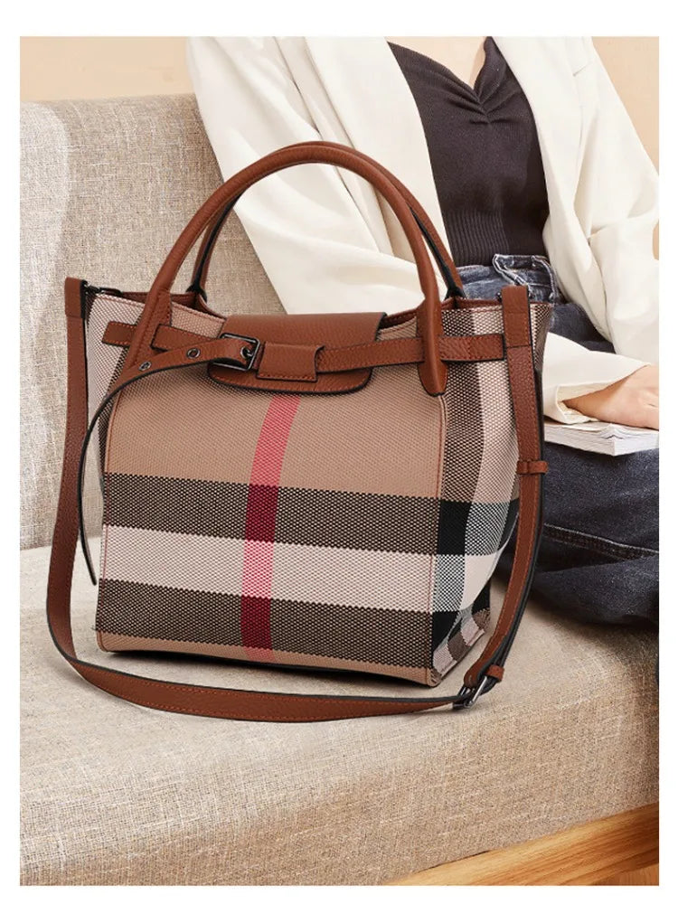 Ladies Top Layer Leather Tote Bag, Plaid Stripe Patchwork Design, Multi-Pocket Handbag Equipped with Adjustable Strap for Travel