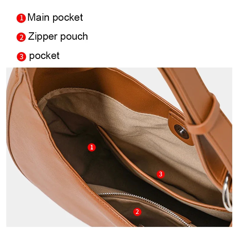 Aidrani Niche Design Crescent Bag for Ladies, Semicircular Genuine Leather Underarm Handbag, Single Shoulder Crossbody Tote Bag