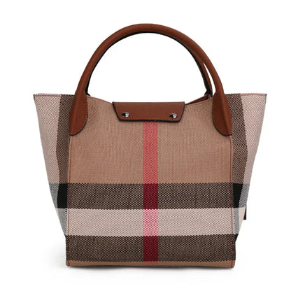 Ladies Top Layer Leather Tote Bag, Plaid Stripe Patchwork Design, Multi-Pocket Handbag Equipped with Adjustable Strap for Travel
