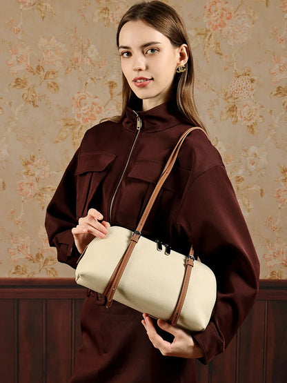 Aidrani Cowhide Retro Underarm Purse, Color Block Splicing, Adjustable Long Strap, Multi Inner Pockets, Fashion Ladies Daily
