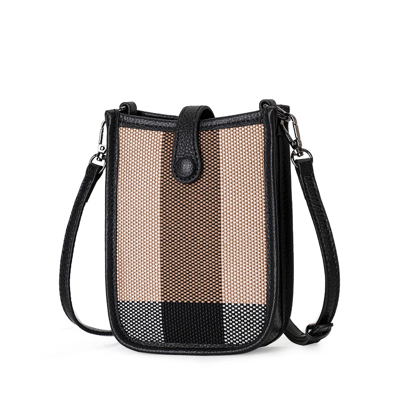 Aidrani Genuine Cowhide Women Small Sling Phone Bag, Plaid Fabric Crossbody Handbag, Lightweight Mini Shoulder Purse for Travel