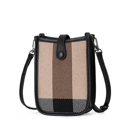 Aidrani Genuine Cowhide Women Small Sling Phone Bag, Plaid Fabric Crossbody Handbag, Lightweight Mini Shoulder Purse for Travel