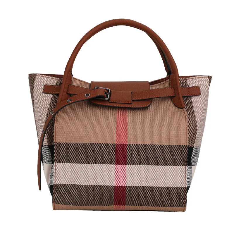 Ladies Top Layer Leather Tote Bag, Plaid Stripe Patchwork Design, Multi-Pocket Handbag Equipped with Adjustable Strap for Travel