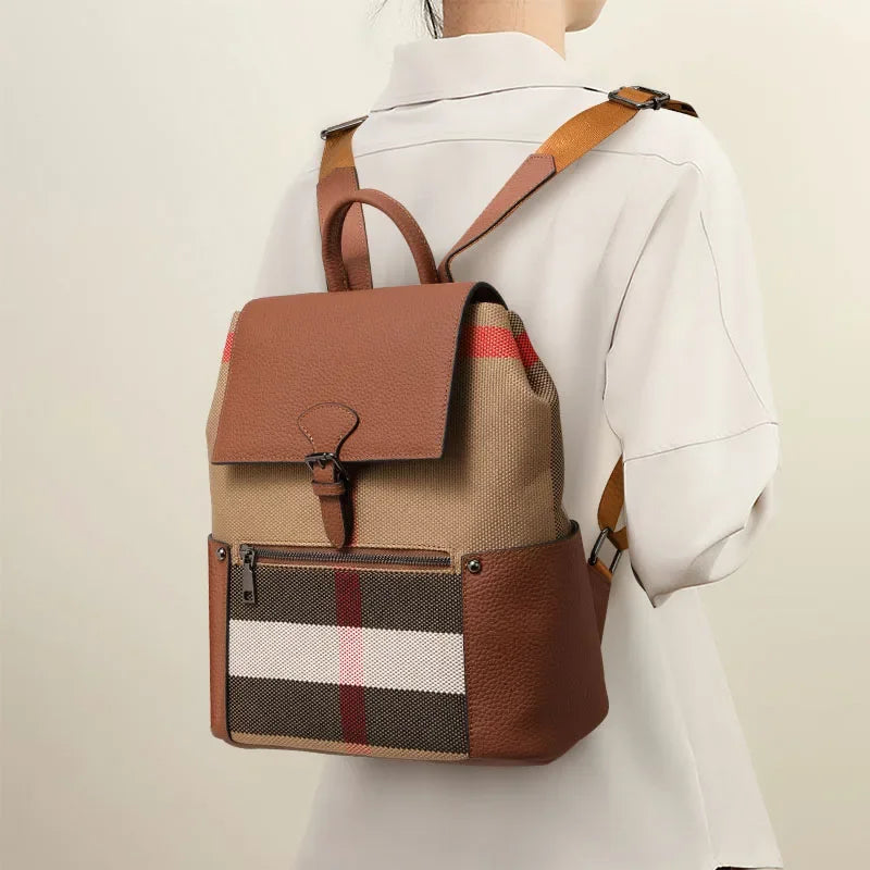 Aidrani Women's New Style Fashion Plaid Large-Capacity Casual Genuine Leather Backpack, Simple and Popular Travel Bag