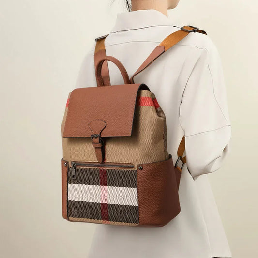 Aidrani Women's New Style Fashion Plaid Large-Capacity Casual Genuine Leather Backpack, Simple and Popular Travel Bag