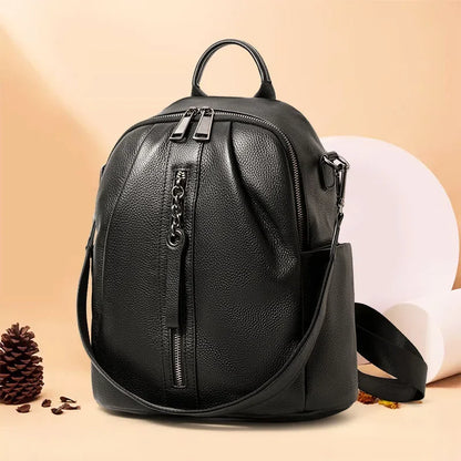 Genuine Cowhide Anti Theft Backpack Detachable Shoulder Strap Multi Pocket Ladies Leather Rucksack Daily Travel Shopping Work