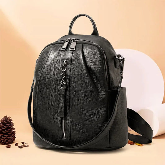 Genuine Cowhide Anti Theft Backpack Detachable Shoulder Strap Multi Pocket Ladies Leather Rucksack Daily Travel Shopping Work