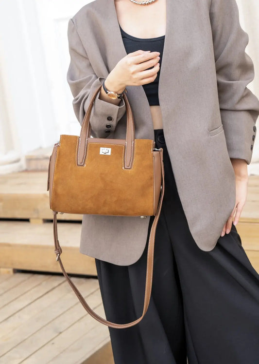 Genuine Top Layer Cowhide Suede Small Square Bag, Aidrani Retro Top Handle Handbag, Women Elegant Purse with Crossbody Strap for
