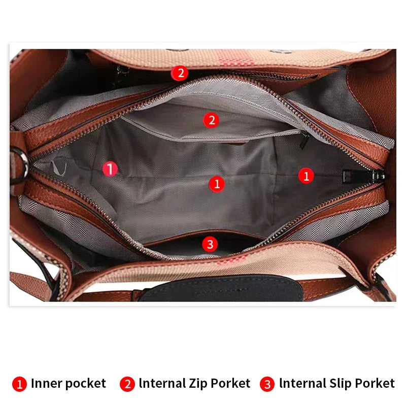 Ladies Top Layer Leather Tote Bag, Plaid Stripe Patchwork Design, Multi-Pocket Handbag Equipped with Adjustable Strap for Travel