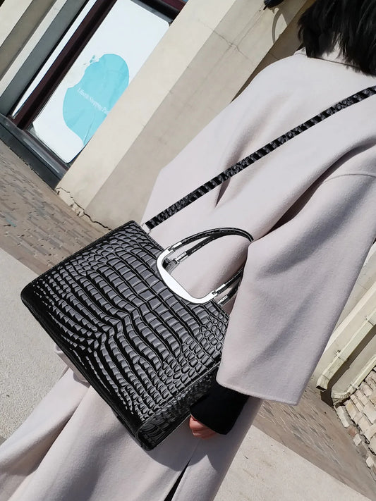 Aidrani Women Genuine Cowhide Handbag, Glossy Croc Embossed Metal Top Handle Bag, Detachable Strap Crossbody Shoulder Purse