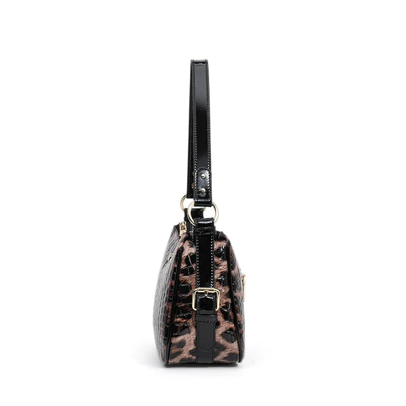 Aidrani Leopard & Croc Embossed Cowhide Women Shoulder Bag, Multi-Pocket Hobo Bag, Adjustable Strap