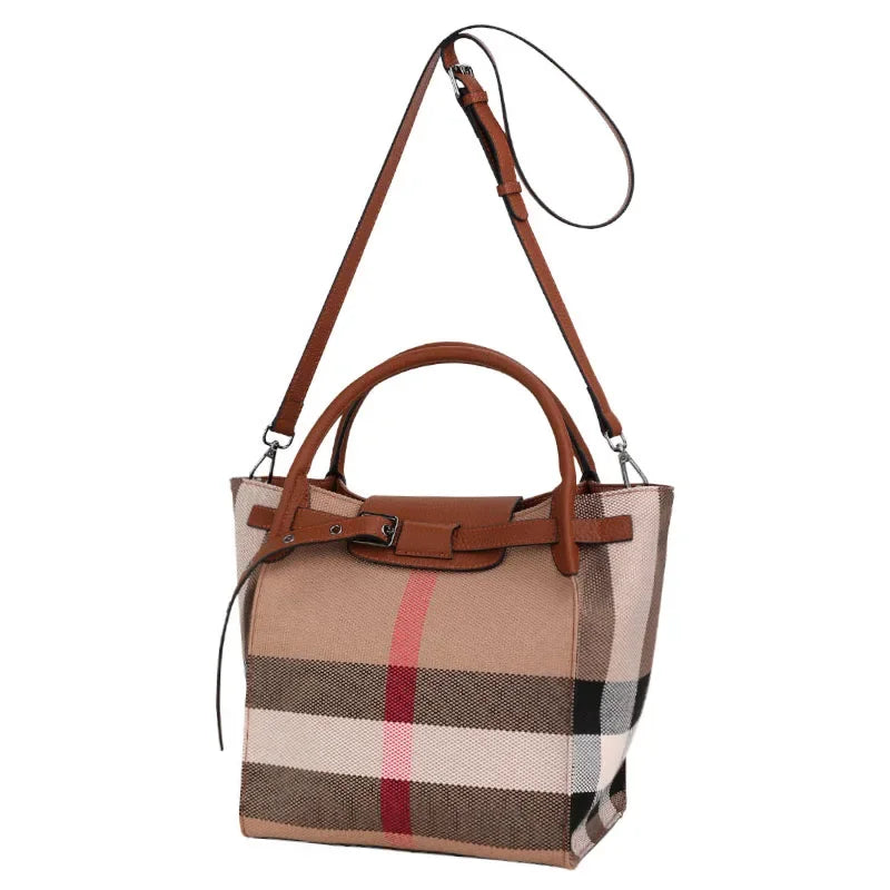 Ladies Top Layer Leather Tote Bag, Plaid Stripe Patchwork Design, Multi-Pocket Handbag Equipped with Adjustable Strap for Travel