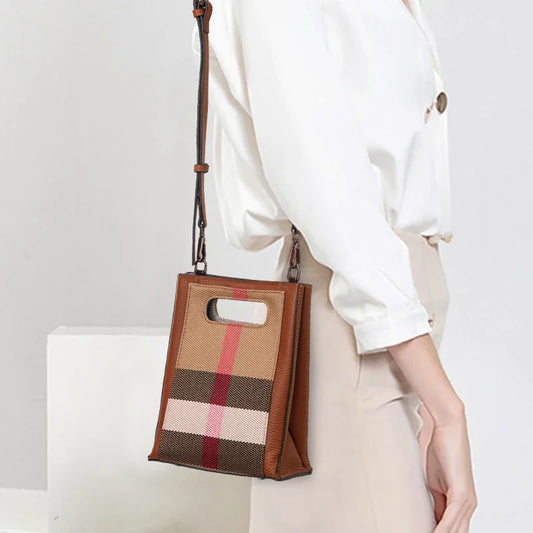 Aidrani Canvas Cowhide Plaid Mini Tote Bag Adjustable Crossbody Strap Multi Pocket Ladies Handbag Daily Travel Shopping Work