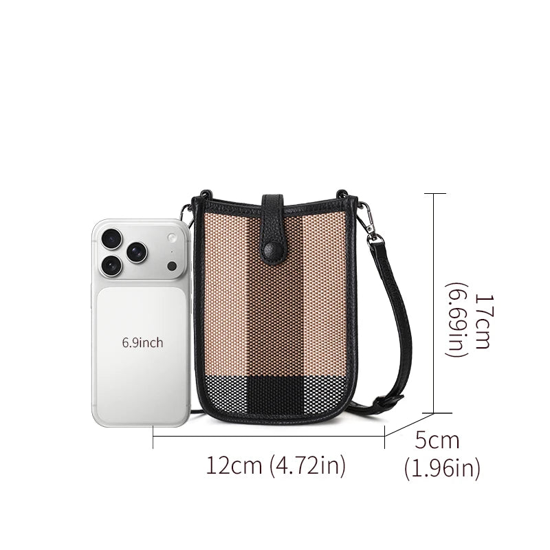 Aidrani Genuine Cowhide Women Small Sling Phone Bag, Plaid Fabric Crossbody Handbag, Lightweight Mini Shoulder Purse for Travel