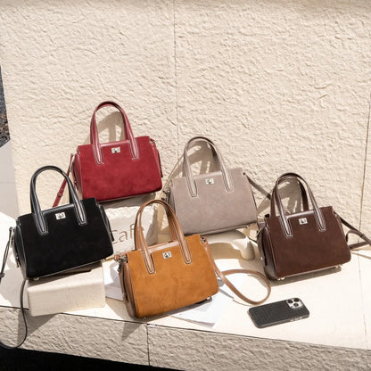 Genuine Top Layer Cowhide Suede Small Square Bag, Aidrani Retro Top Handle Handbag, Women Elegant Purse with Crossbody Strap for