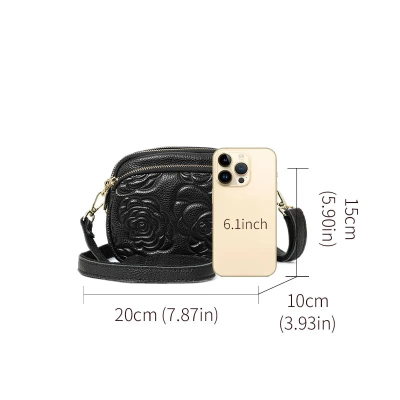 Aidrani Women's New Trendy Rose-Embossed Mom Bag - Top-Grain Leather (Genuine Leather), Double-Layer Shoulder & Crossbody Bag
