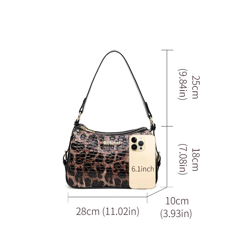 Aidrani Leopard & Croc Embossed Cowhide Women Shoulder Bag, Multi-Pocket Hobo Bag, Adjustable Strap