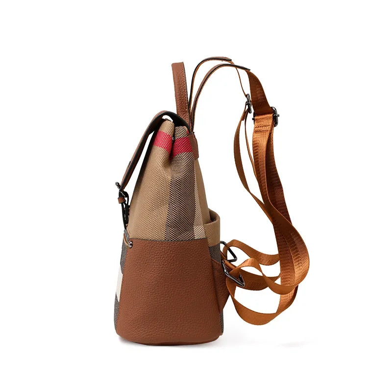 Aidrani Women's New Style Fashion Plaid Large-Capacity Casual Genuine Leather Backpack, Simple and Popular Travel Bag
