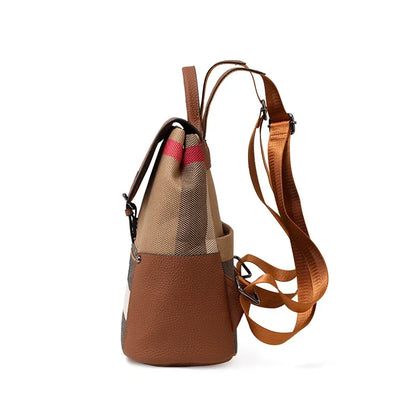 Aidrani Women's New Style Fashion Plaid Large-Capacity Casual Genuine Leather Backpack, Simple and Popular Travel Bag
