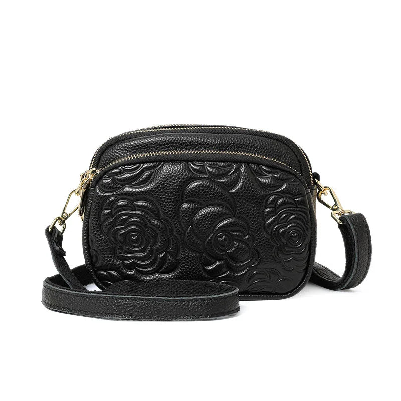 Aidrani Women's New Trendy Rose-Embossed Mom Bag - Top-Grain Leather (Genuine Leather), Double-Layer Shoulder & Crossbody Bag